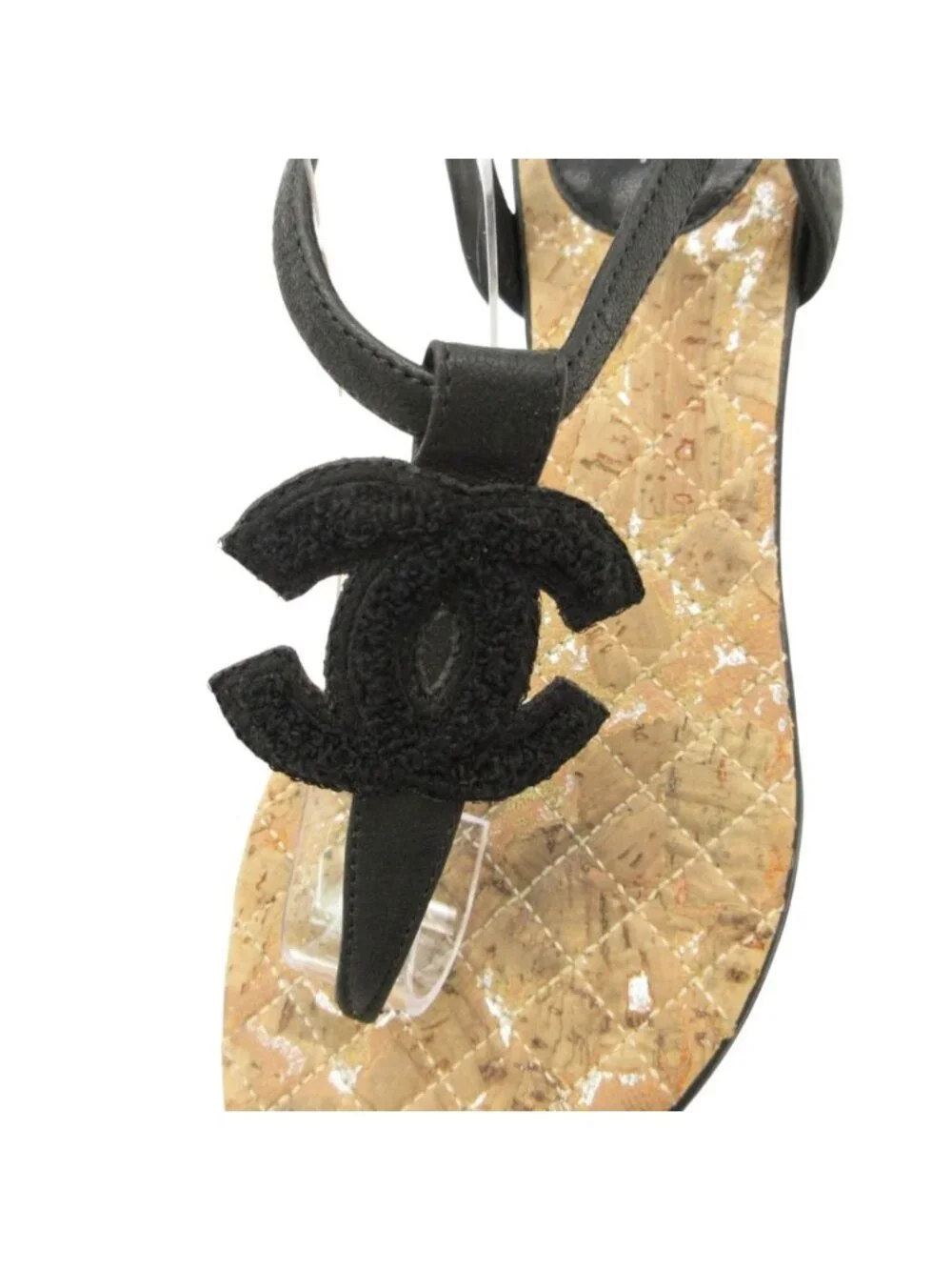 Chanel Sandals Beach Thong CC Logo T Strap Quilted Cork Black